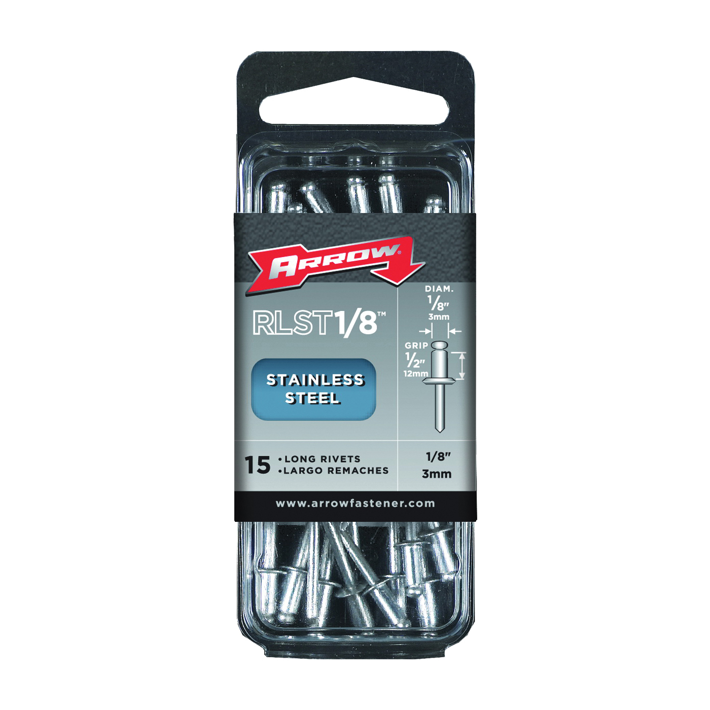 RLST1/8 Pop Rivet, Long, 1/2 in L, Stainless Steel