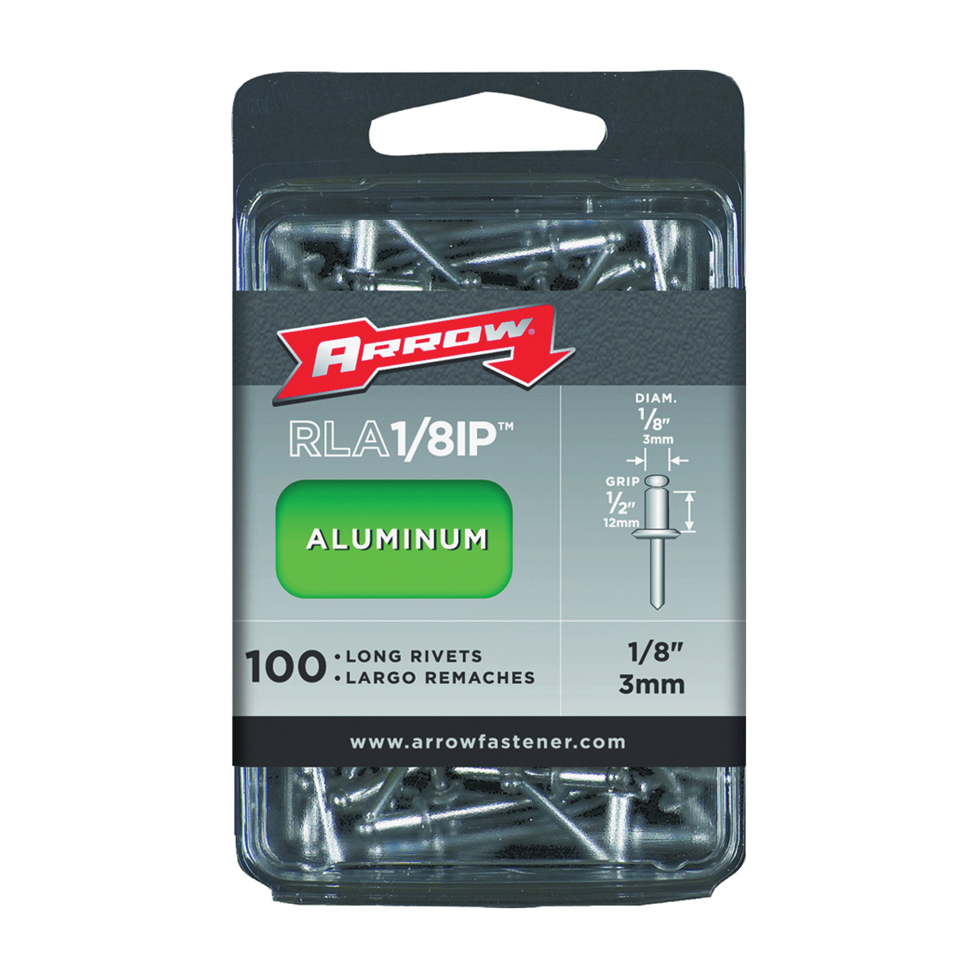 RLA1/8IP Pop Rivet, Long, 1/2 in L, Aluminum