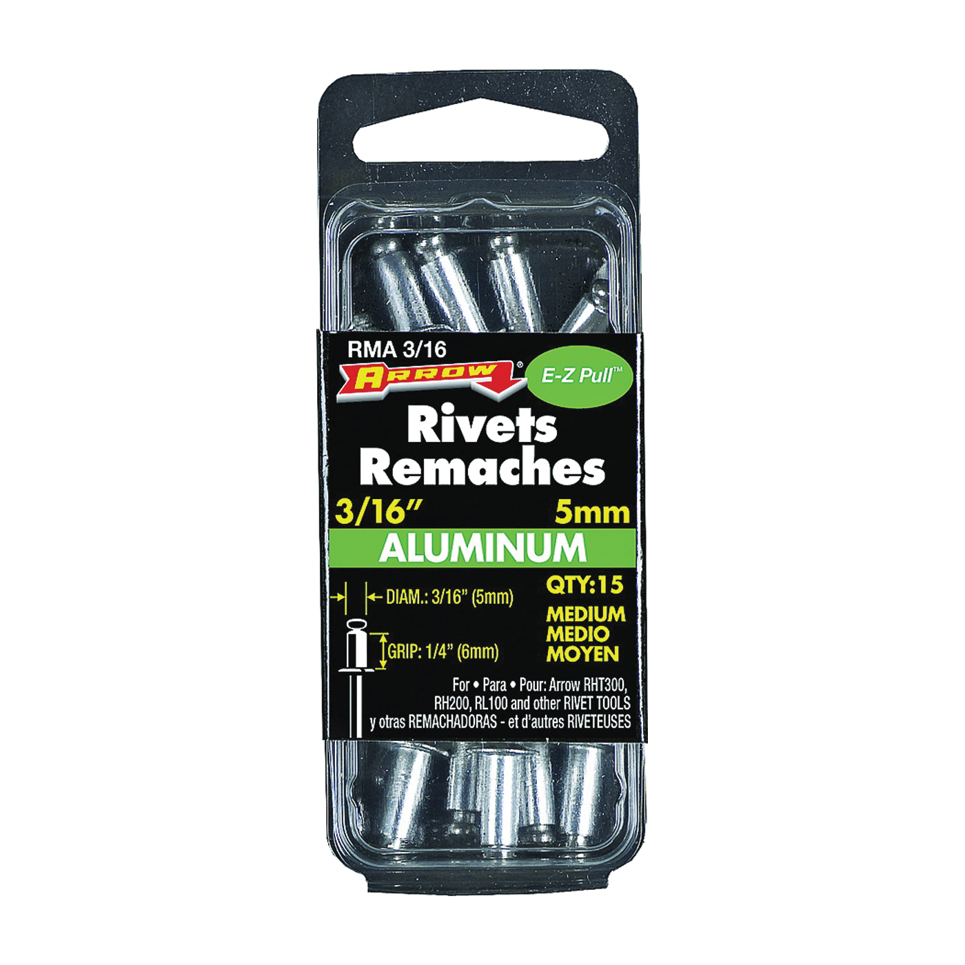 RMA3/16 Pop Rivet, Medium, 1/4 in L, Aluminum