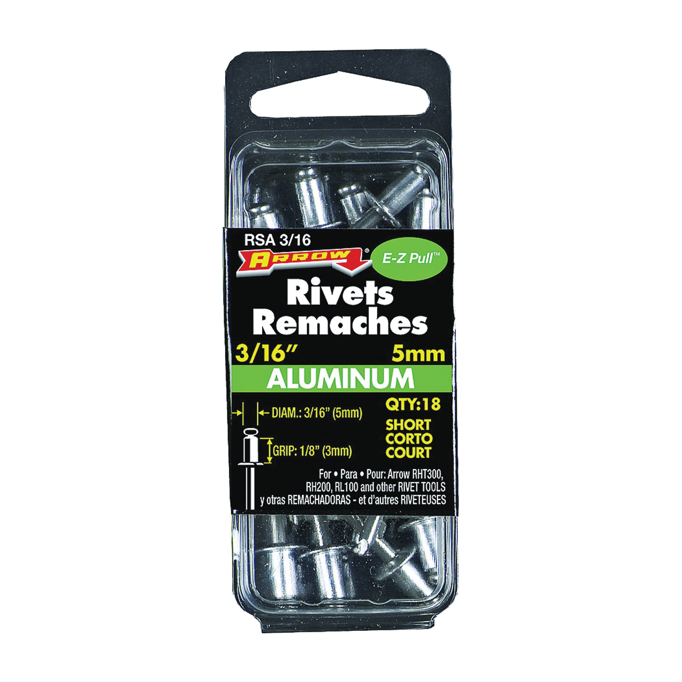 RSA3/16 Pop Rivet, Short, 1/8 in L, Aluminum